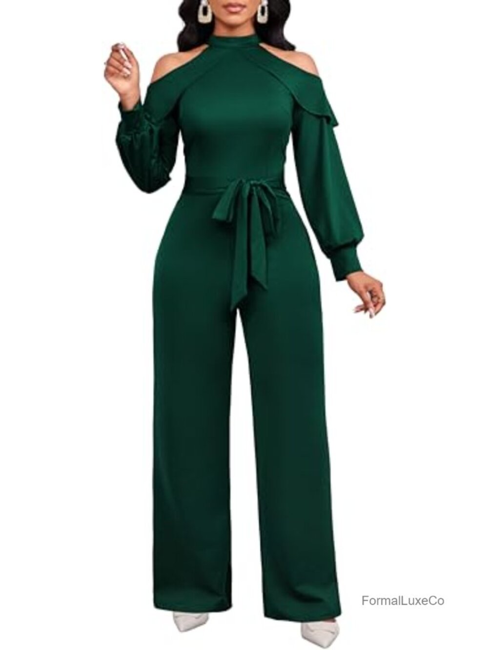 Women's Dressy Cold Shoulder Jumpsuit Long Sleeve Business Romper with Belt